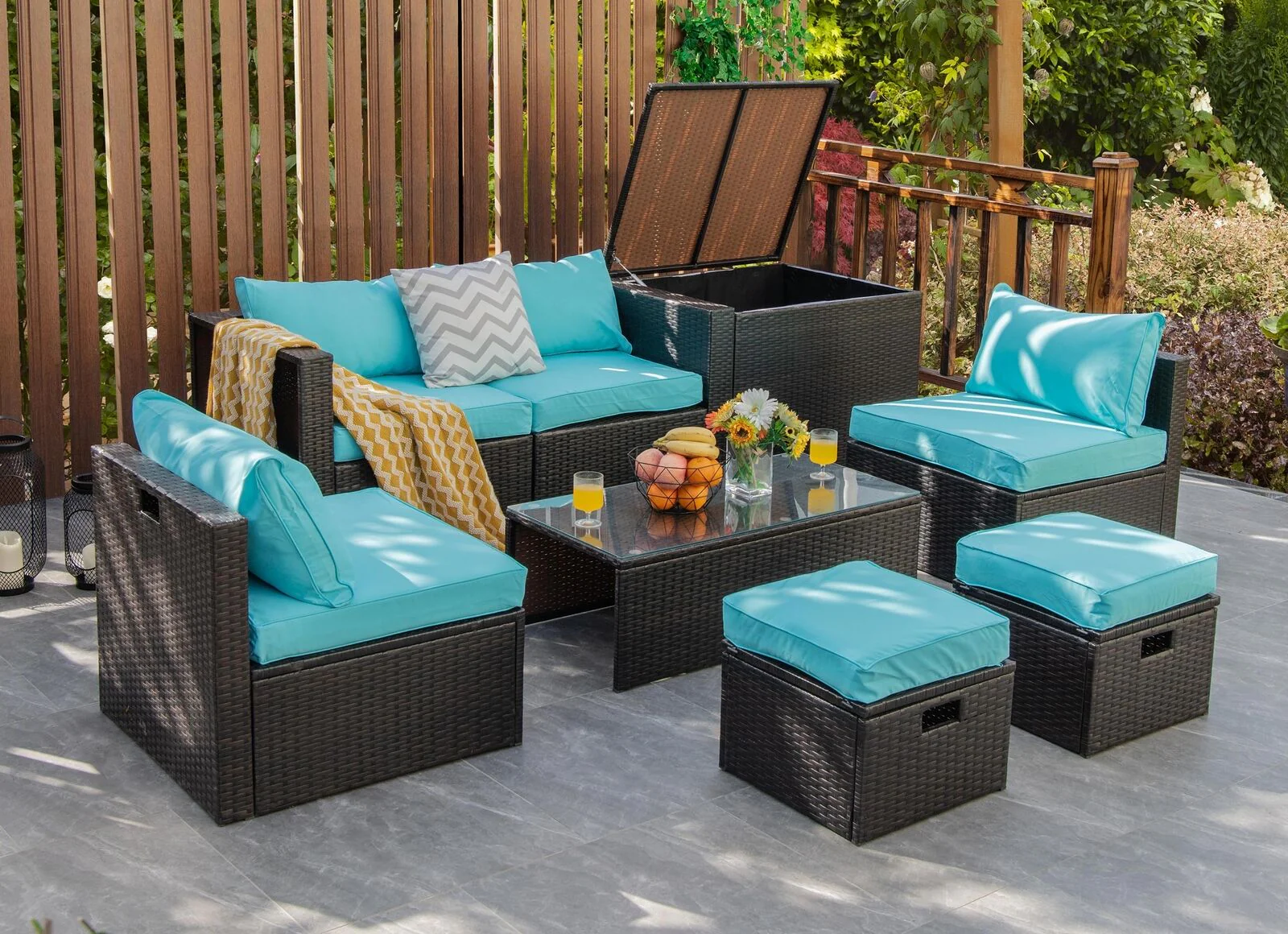 8 Piece Rattan Patio Furniture Set With Storage Box, Turquoise - Image 2