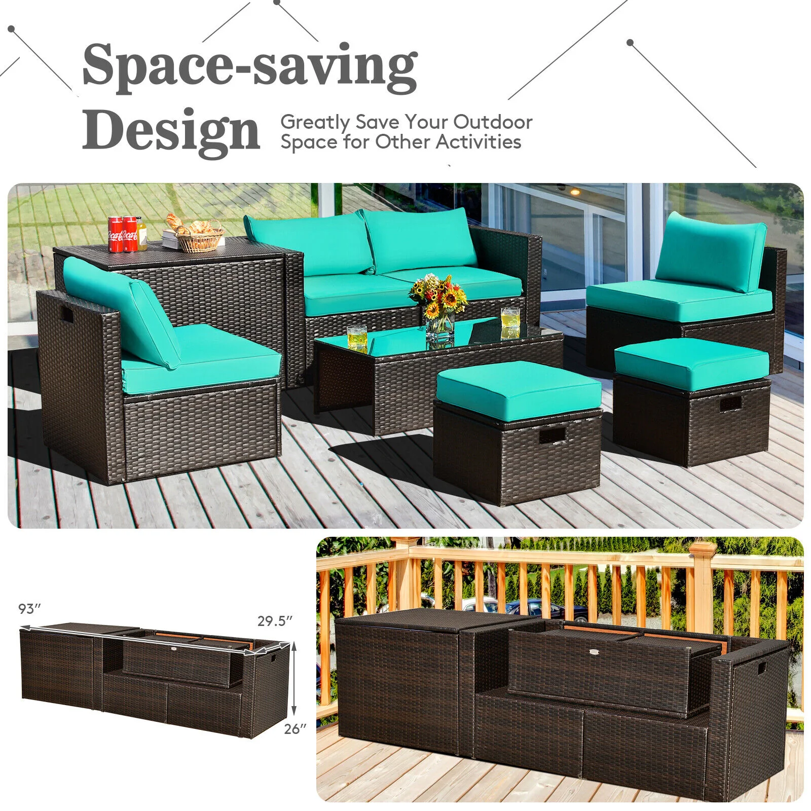 8 Piece Rattan Patio Furniture Set With Storage Box, Turquoise - Image 3