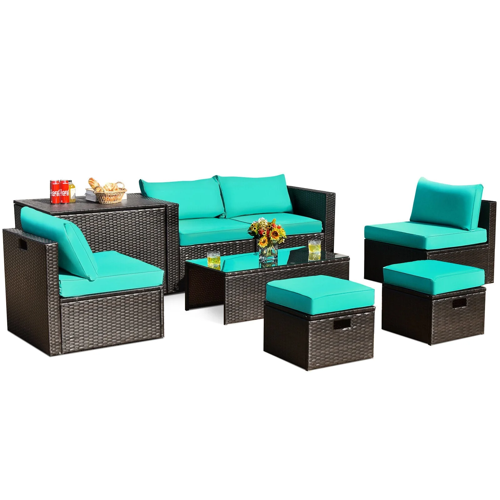 8 Piece Rattan Patio Furniture Set With Storage Box, Turquoise - Image 4