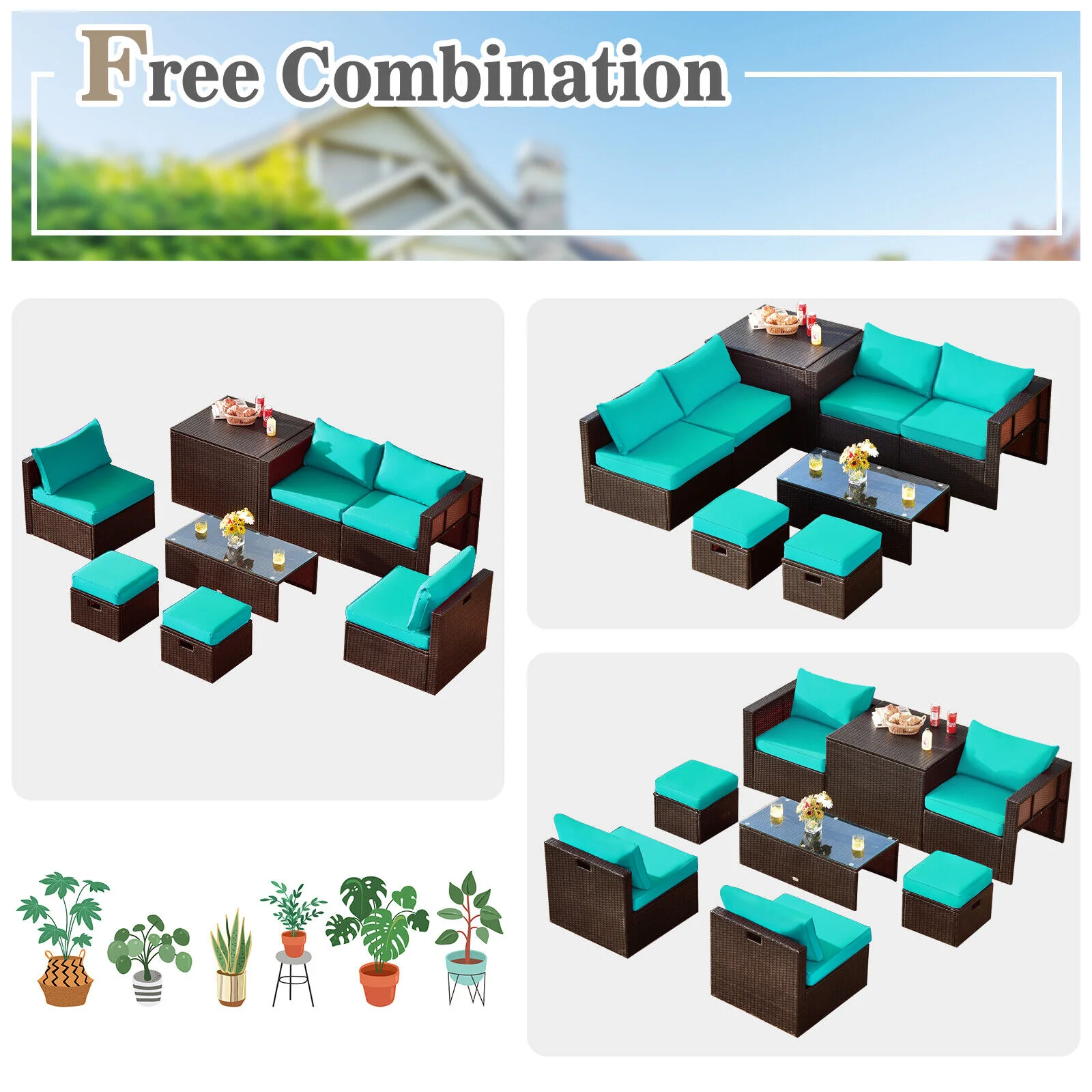 8 Piece Rattan Patio Furniture Set With Storage Box, Turquoise - Image 6