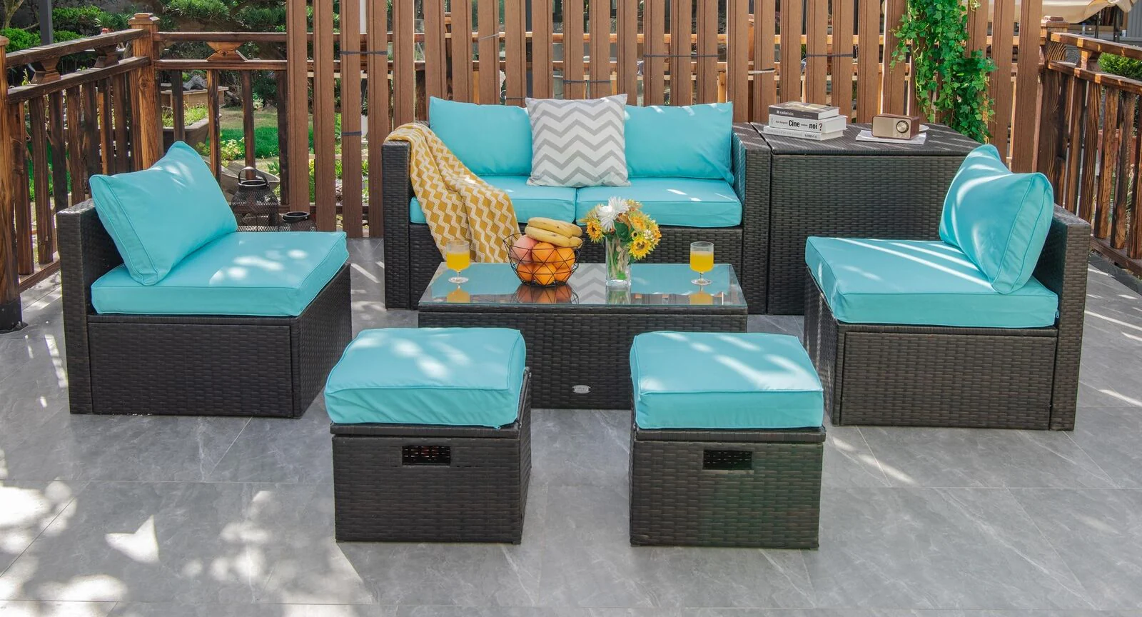 8 Piece Rattan Patio Furniture Set With Storage Box, Turquoise - Image 7