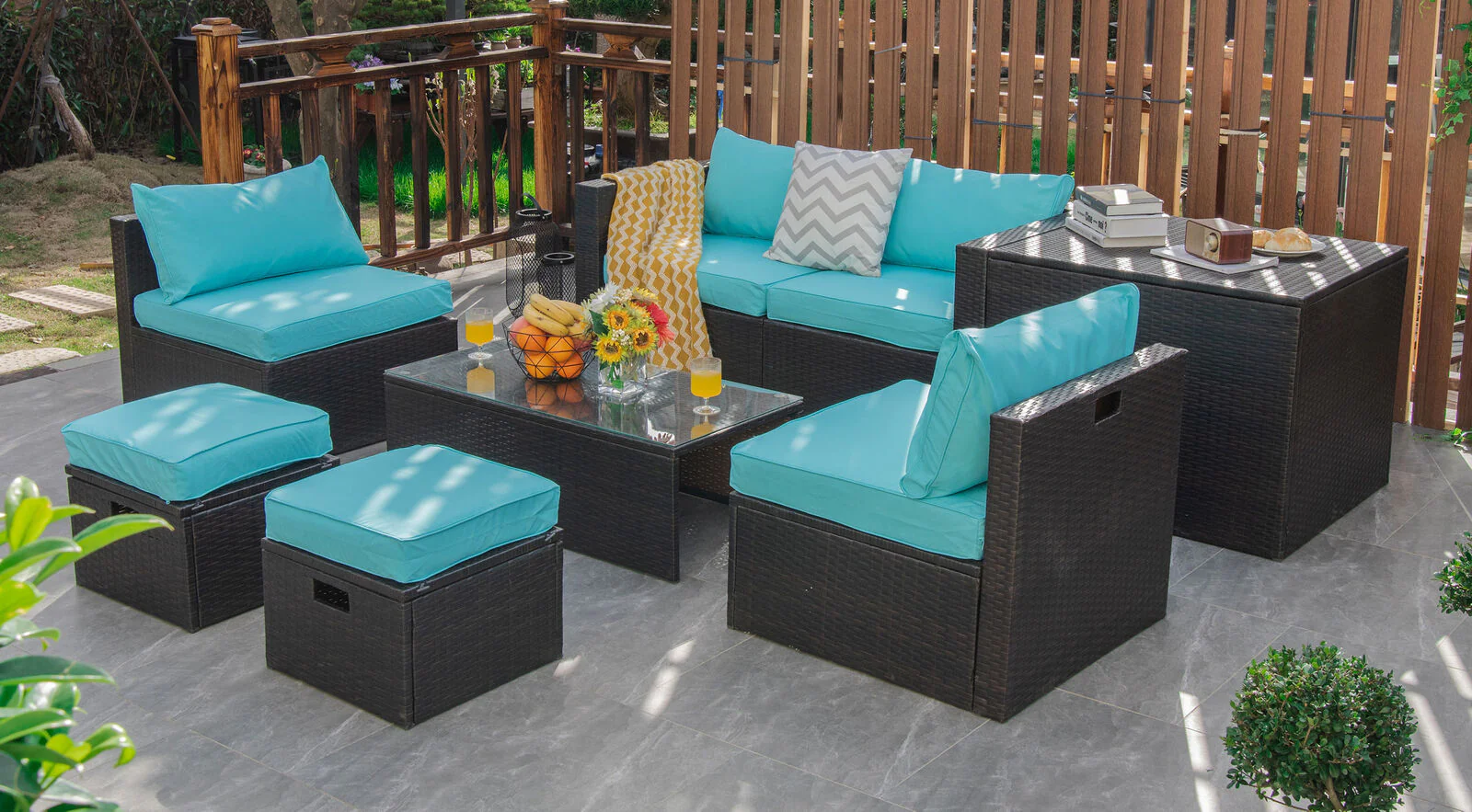 8 Piece Rattan Patio Furniture Set With Storage Box, Turquoise - Image 8