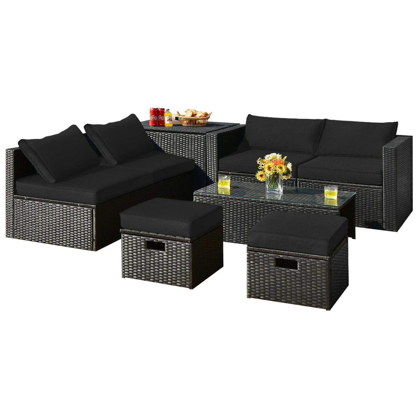 8 Piece Rattan Patio Storage Table Set, Black