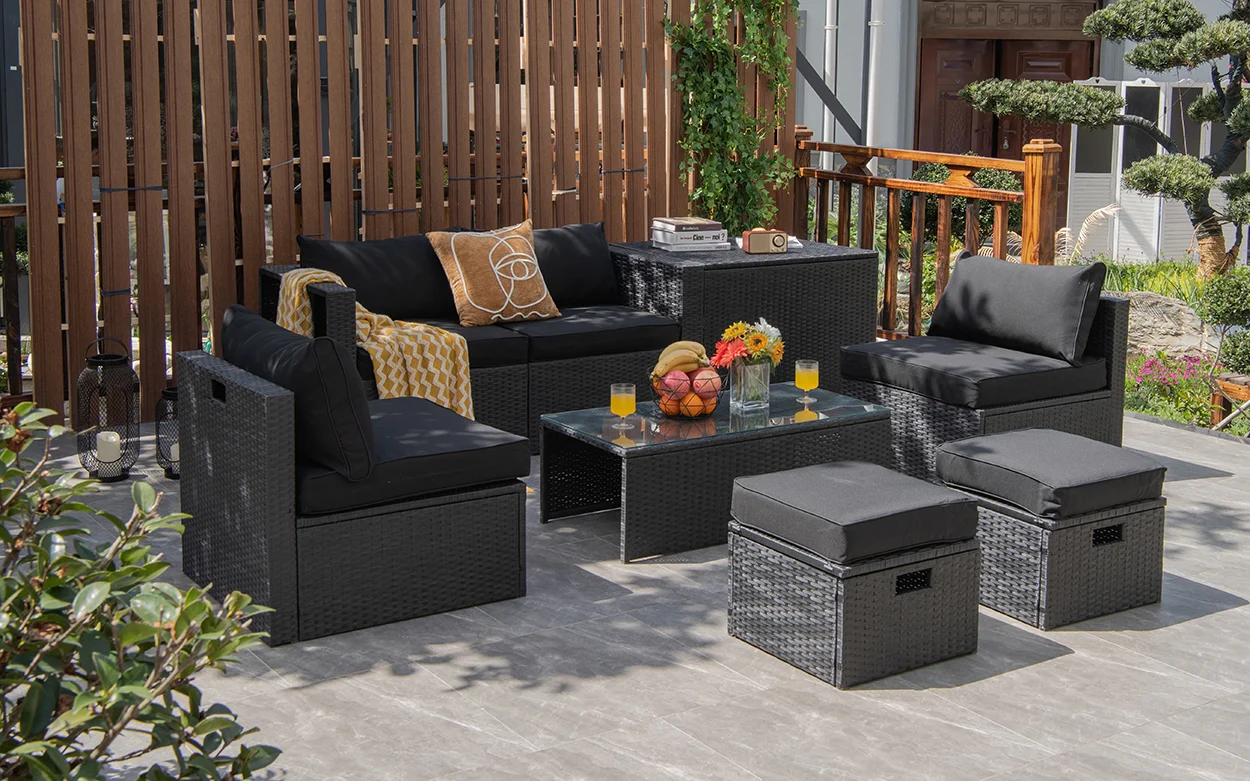 8 Piece Rattan Patio Storage Table Set, Black - Image 2