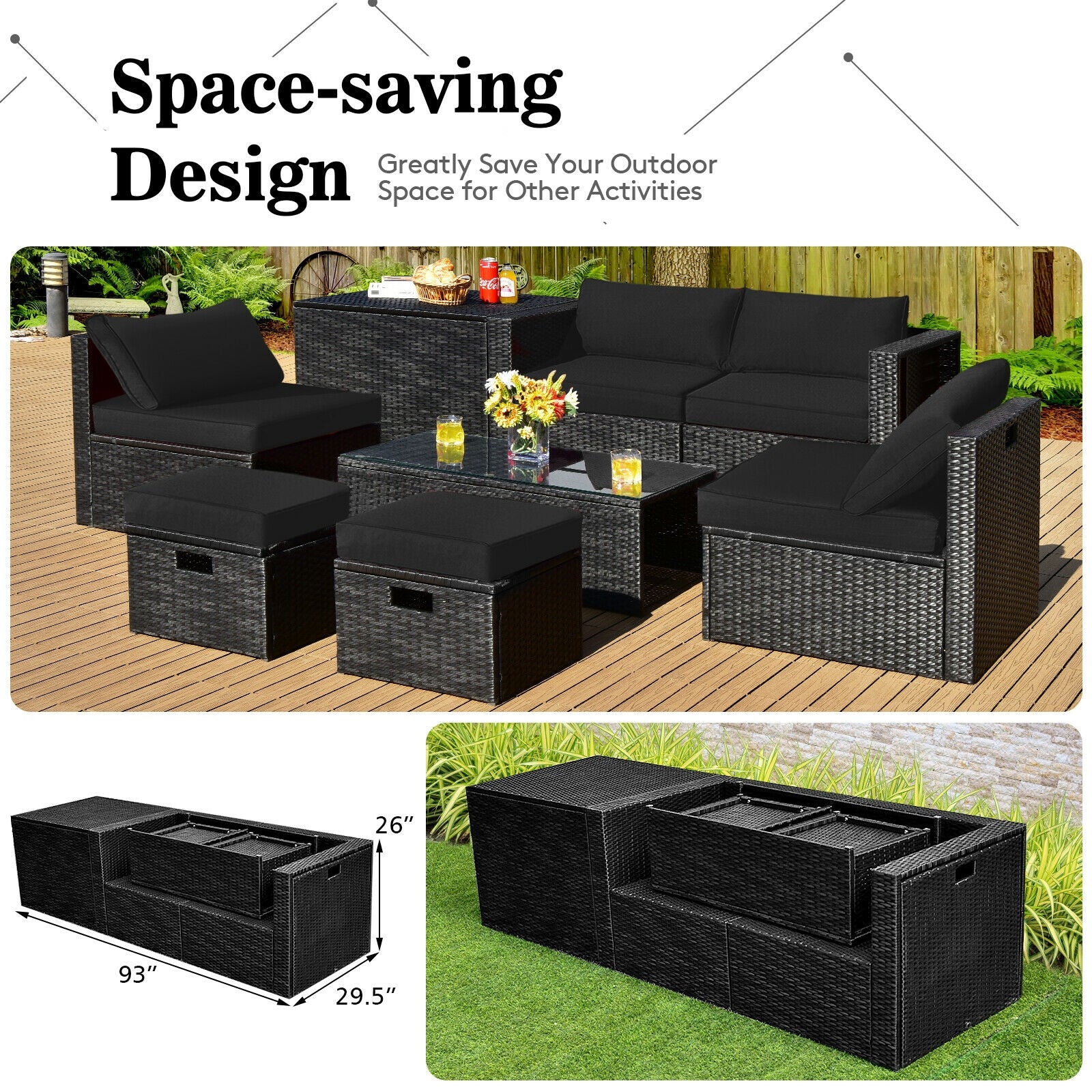 8 Piece Rattan Patio Storage Table Set, Black - Image 3