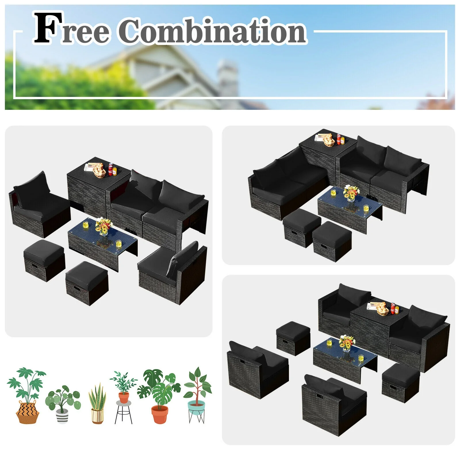 8 Piece Rattan Patio Storage Table Set, Black - Image 6