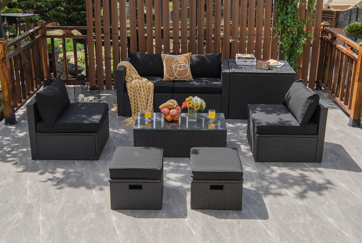 8 Piece Rattan Patio Storage Table Set, Black - Image 7