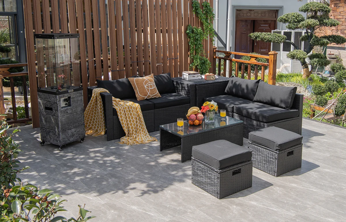 8 Piece Rattan Patio Storage Table Set, Black - Image 8