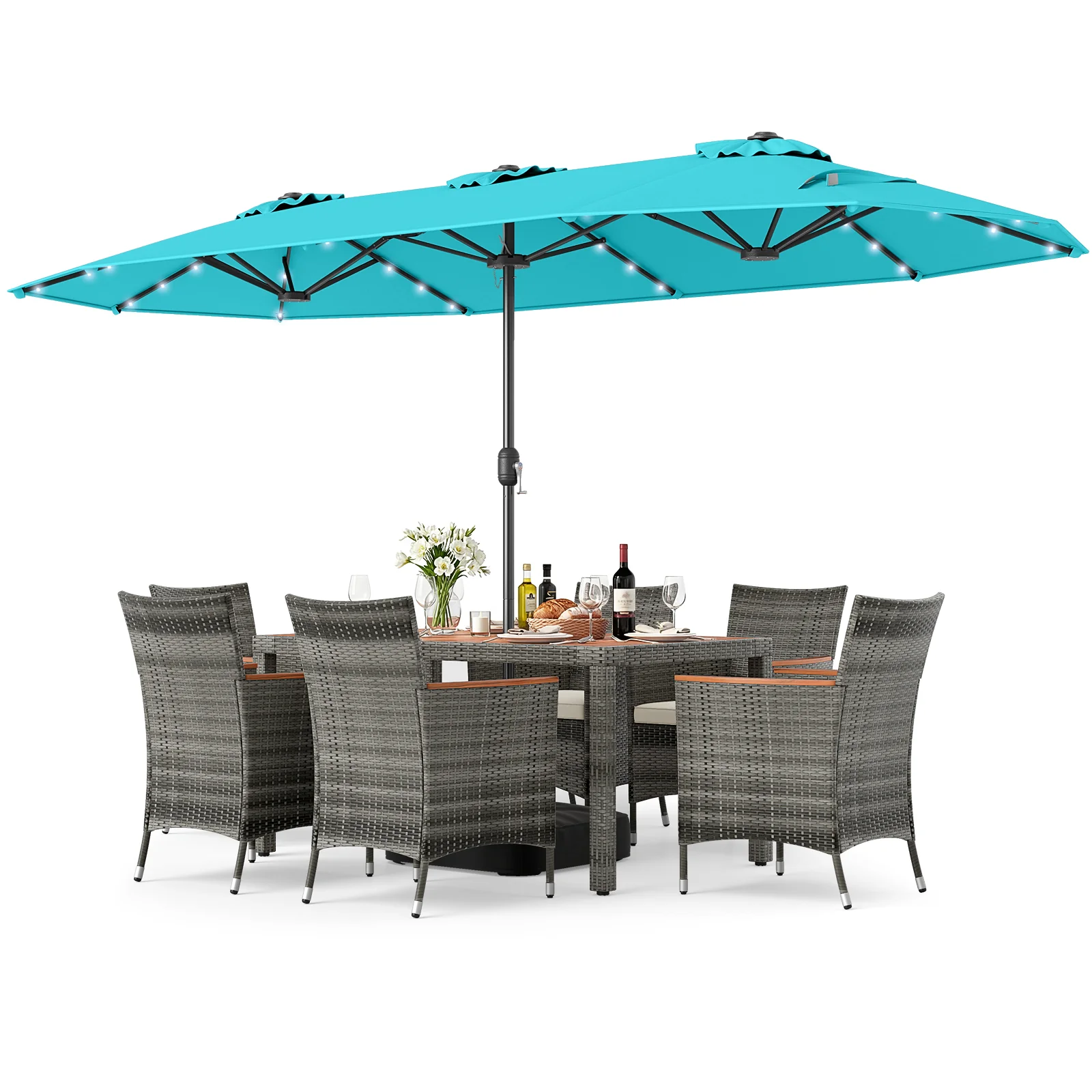 8 Piece Wicker Dining Set, 13.5 FT Patio Umbrella, Turquoise