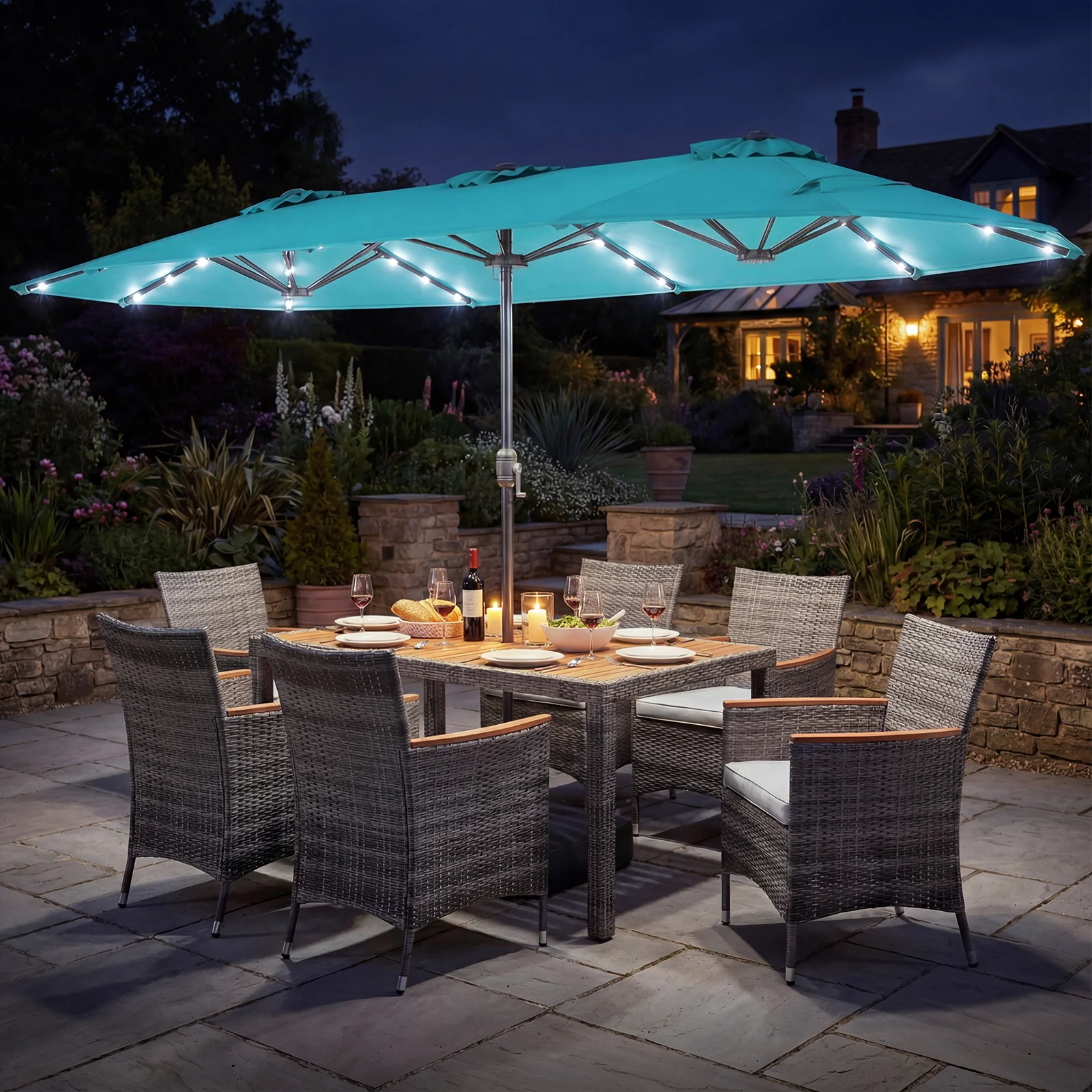 8 Piece Wicker Dining Set, 13.5 FT Patio Umbrella, Turquoise - Image 2