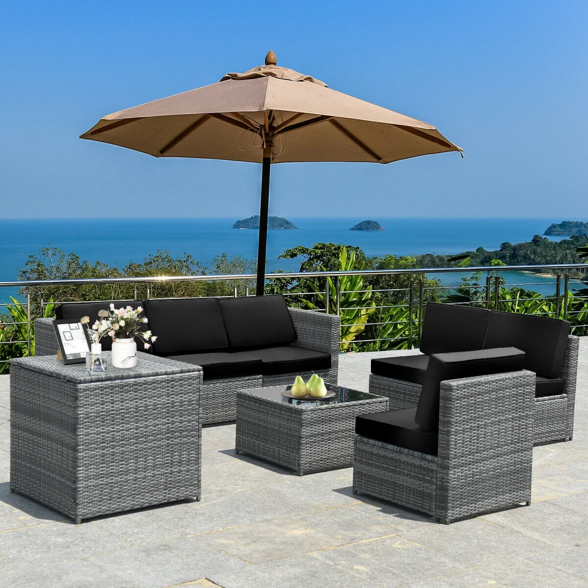 8 Piece Wicker Rattan Dining Set, With Storage Table, Black - Image 2