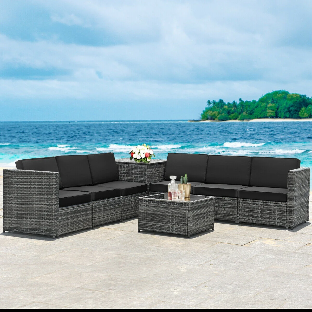 8 Piece Wicker Rattan Dining Set, With Storage Table, Black - Image 3