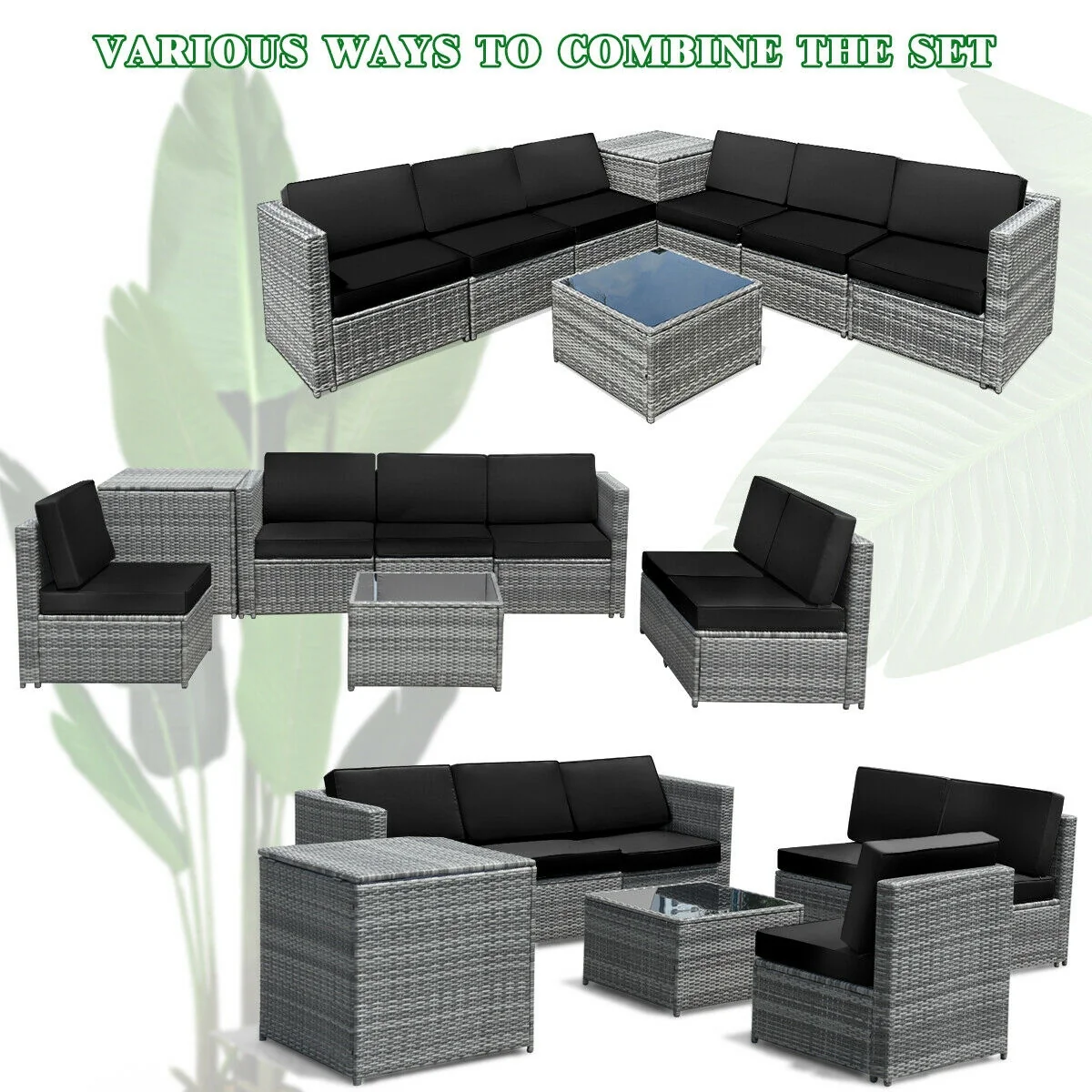 8 Piece Wicker Rattan Dining Set, With Storage Table, Black - Image 7