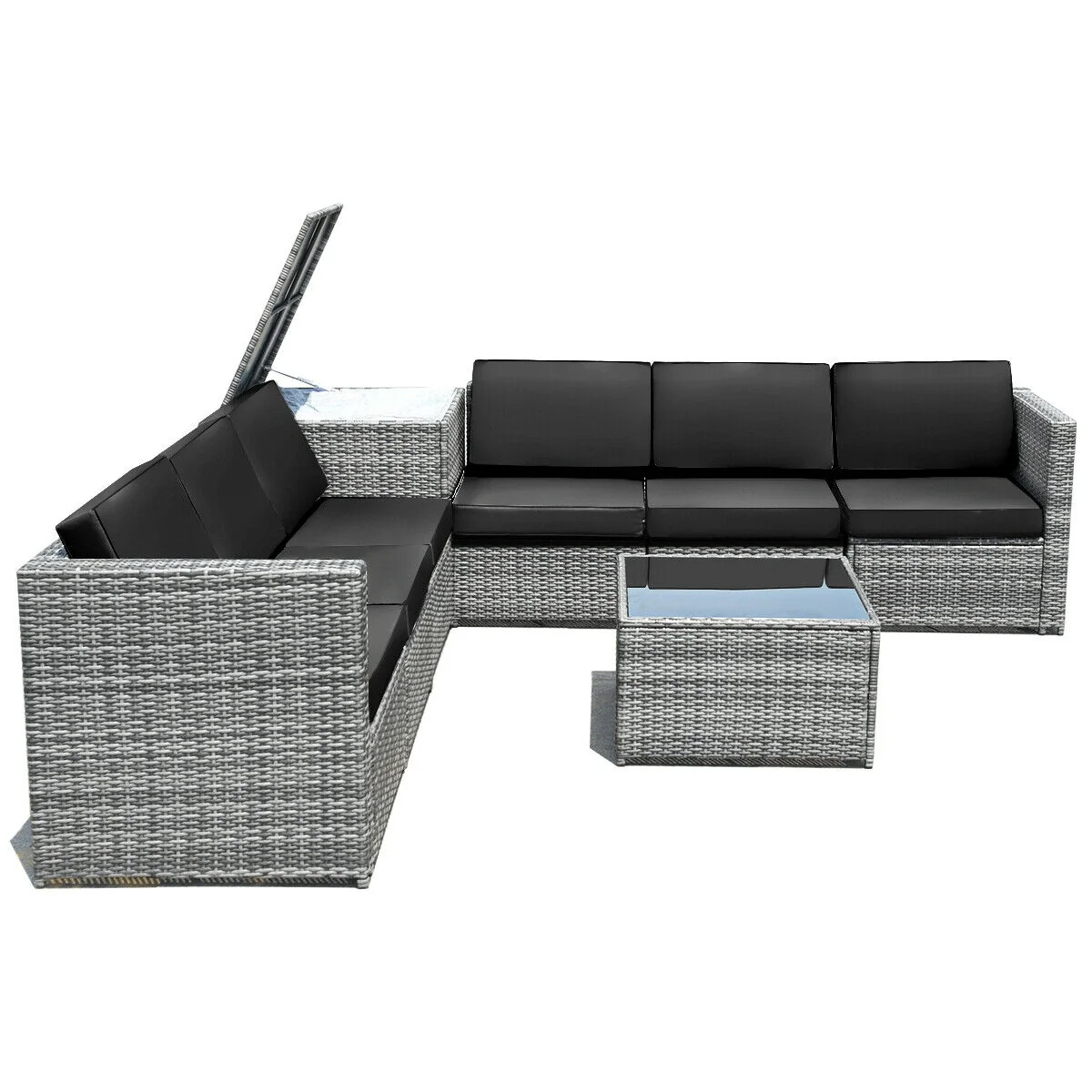 8 Piece Wicker Rattan Dining Set, With Storage Table, Black - Image 9