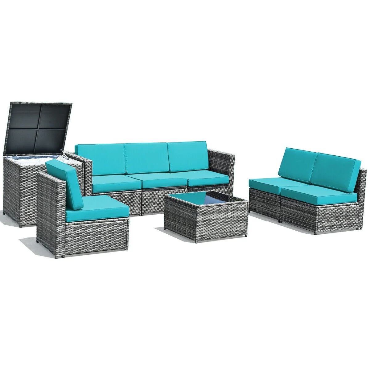 8 Piece Wicker Rattan Patio Dining Set, With Storage Table, Turquoise - Image 10