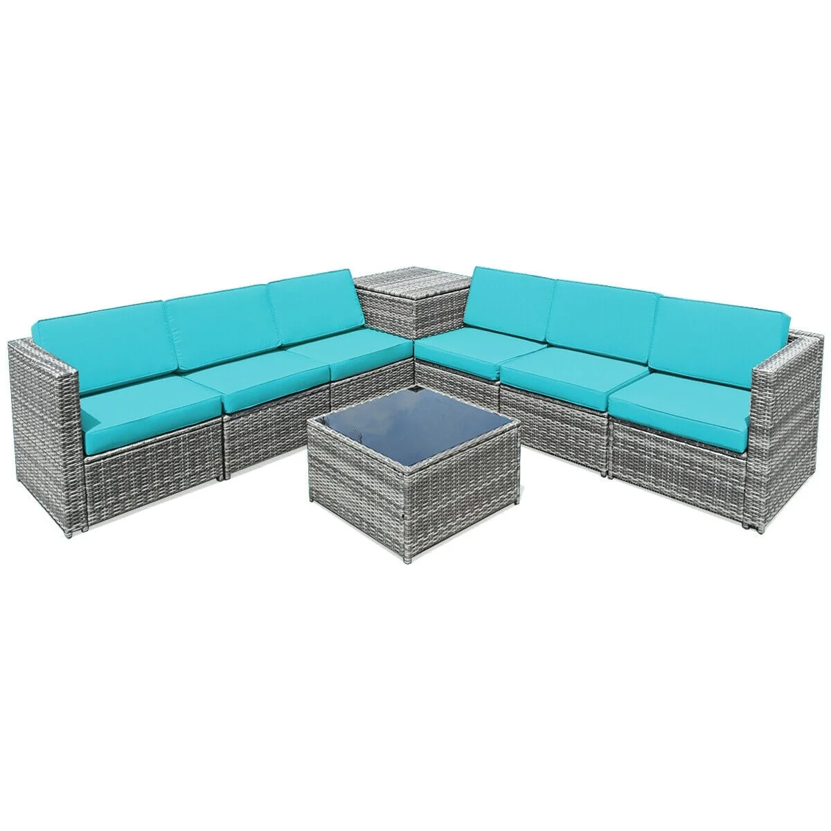 8 Piece Wicker Rattan Patio Dining Set, With Storage Table, Turquoise - Image 4