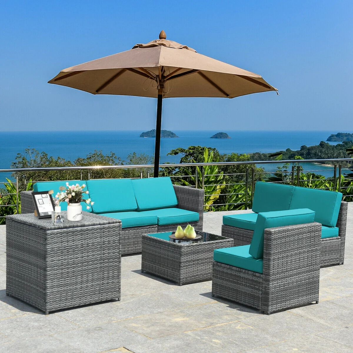 8 Piece Wicker Rattan Patio Dining Set, With Storage Table, Turquoise - Image 9