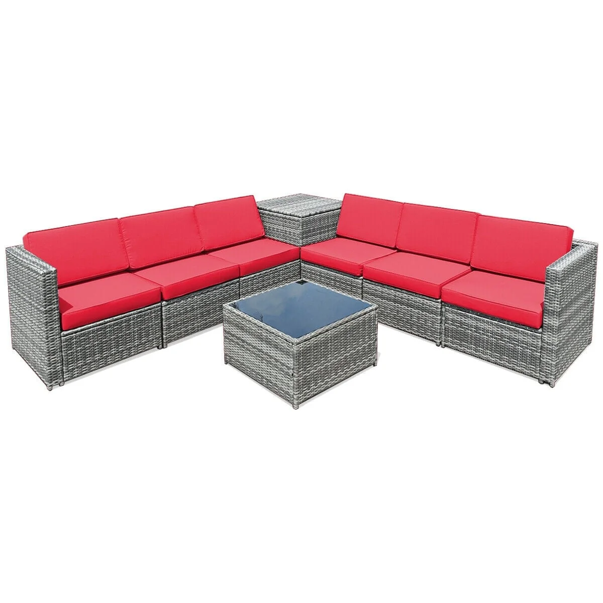 8 Piece Wicker Rattan Sofa Dining Set, Patio Furniture With Storage Table, Red