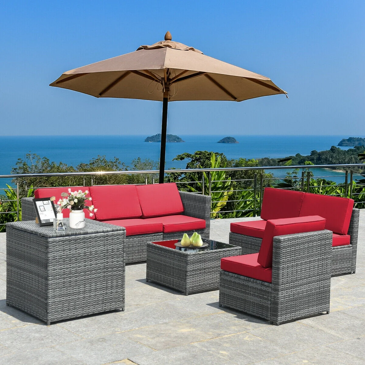 8 Piece Wicker Rattan Sofa Dining Set, Patio Furniture With Storage Table, Red - Image 2