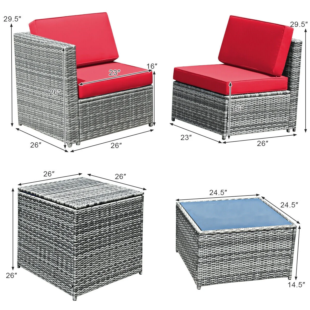 8 Piece Wicker Rattan Sofa Dining Set, Patio Furniture With Storage Table, Red - Image 5