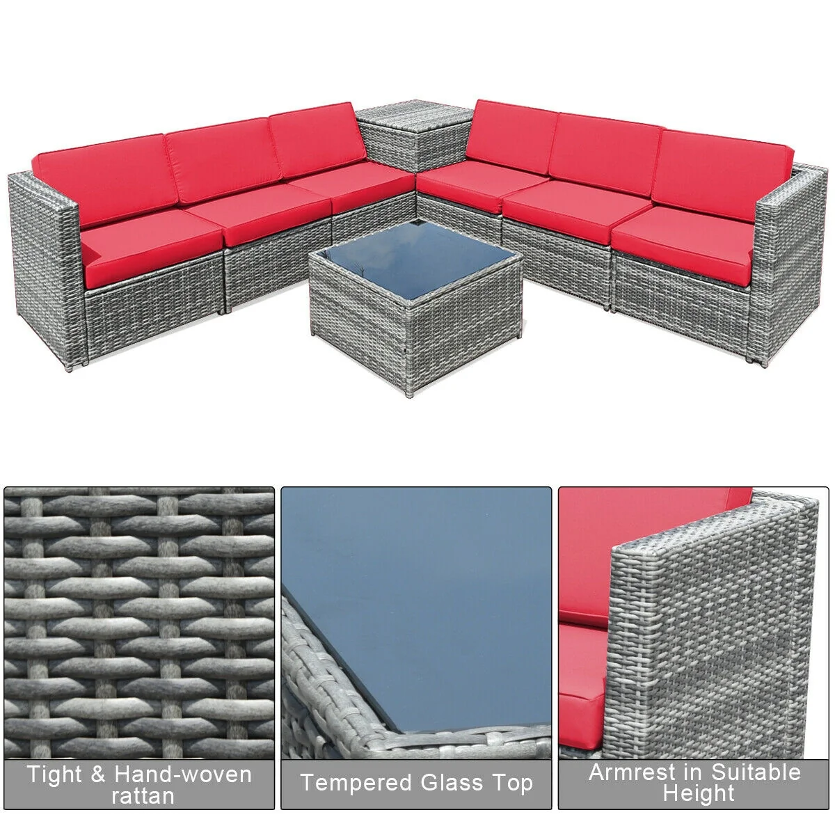 8 Piece Wicker Rattan Sofa Dining Set, Patio Furniture With Storage Table, Red - Image 6