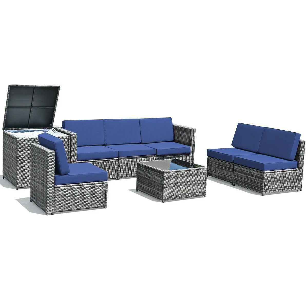 8 Piece Wicker Rattan Sofa Dining Set, With Storage Table, Navy - Image 10