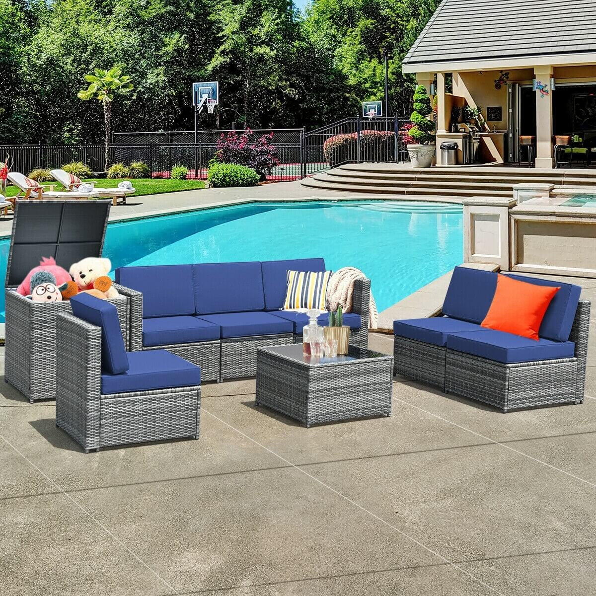 8 Piece Wicker Rattan Sofa Dining Set, With Storage Table, Navy - Image 2