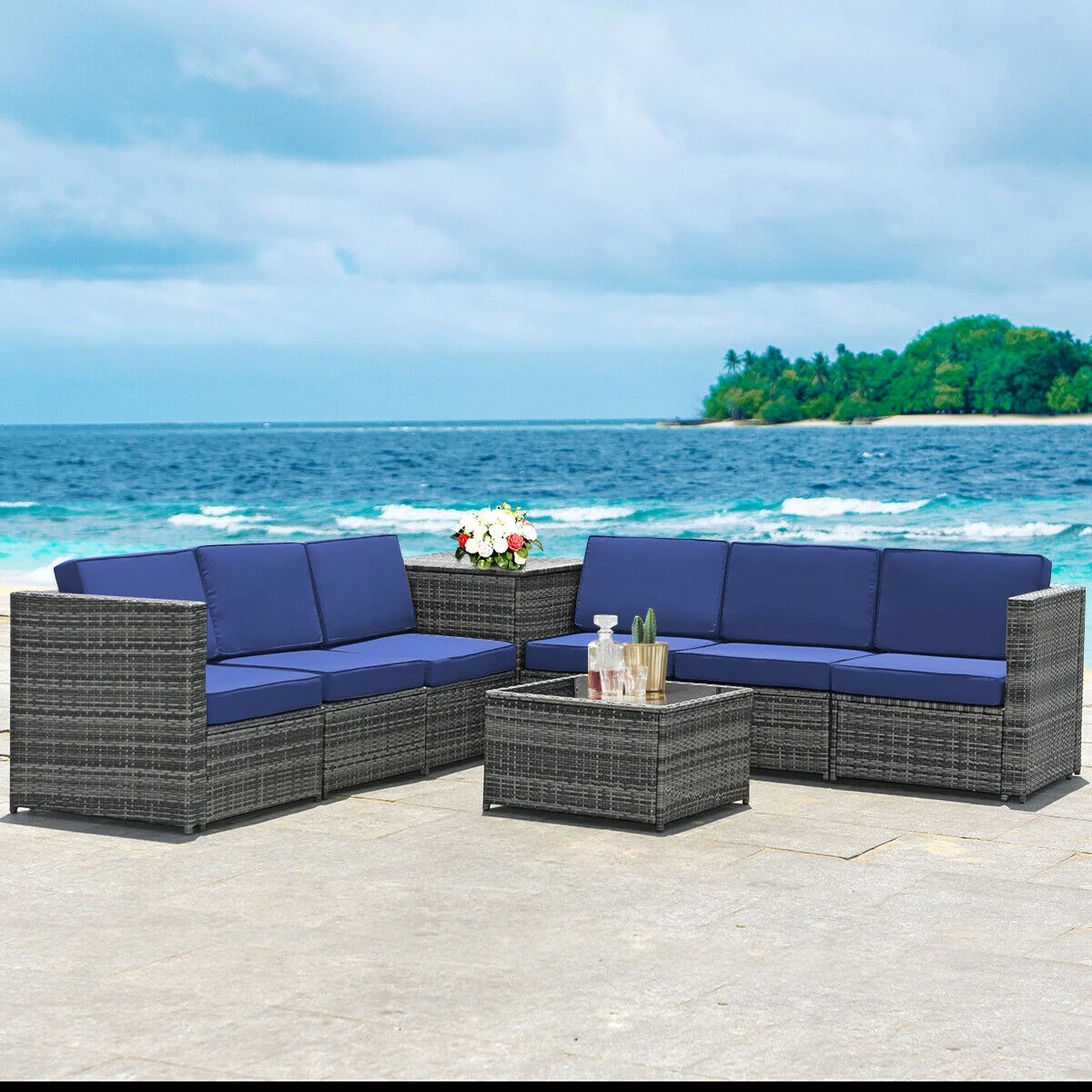 8 Piece Wicker Rattan Sofa Dining Set, With Storage Table, Navy - Image 3