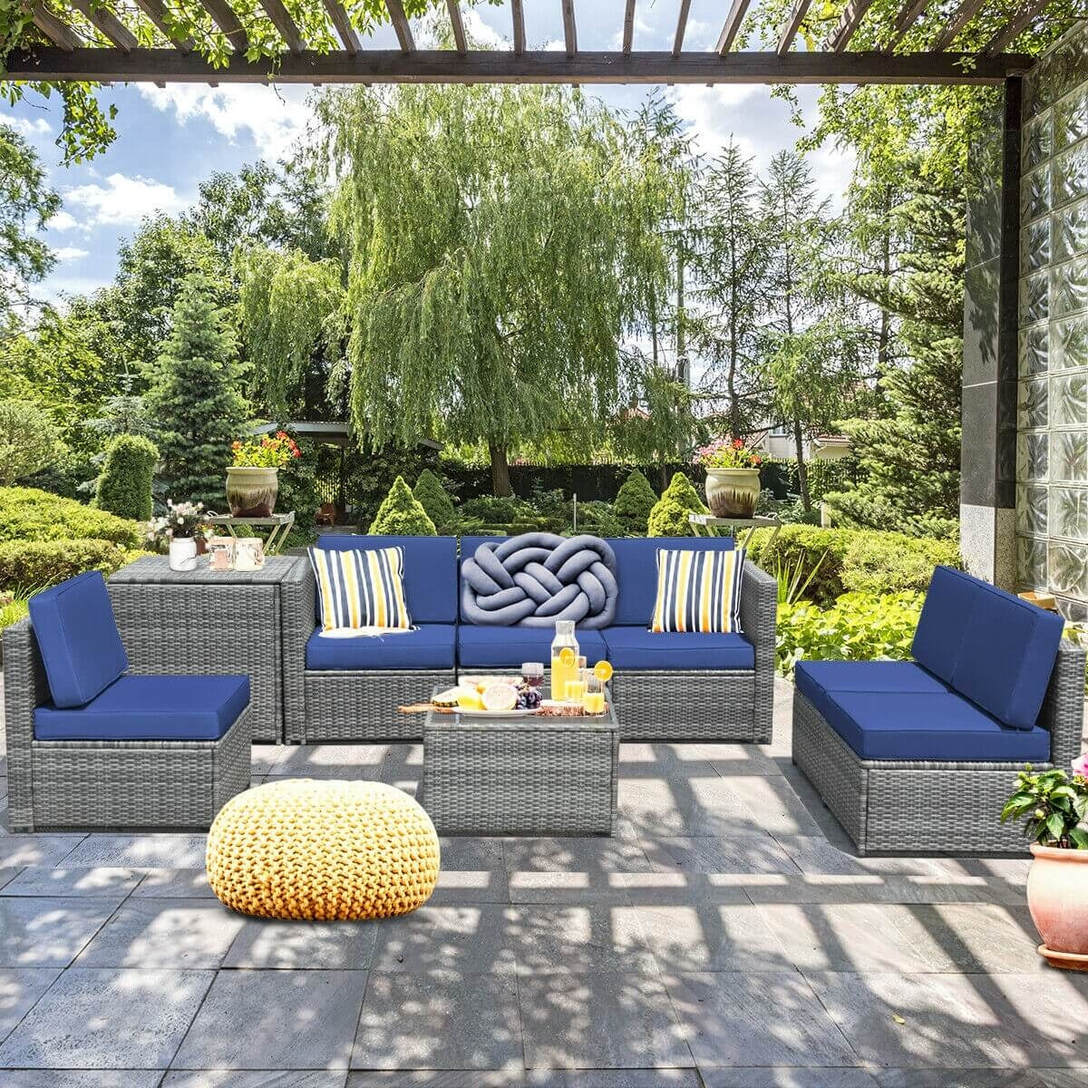 8 Piece Wicker Rattan Sofa Dining Set, With Storage Table, Navy - Image 8