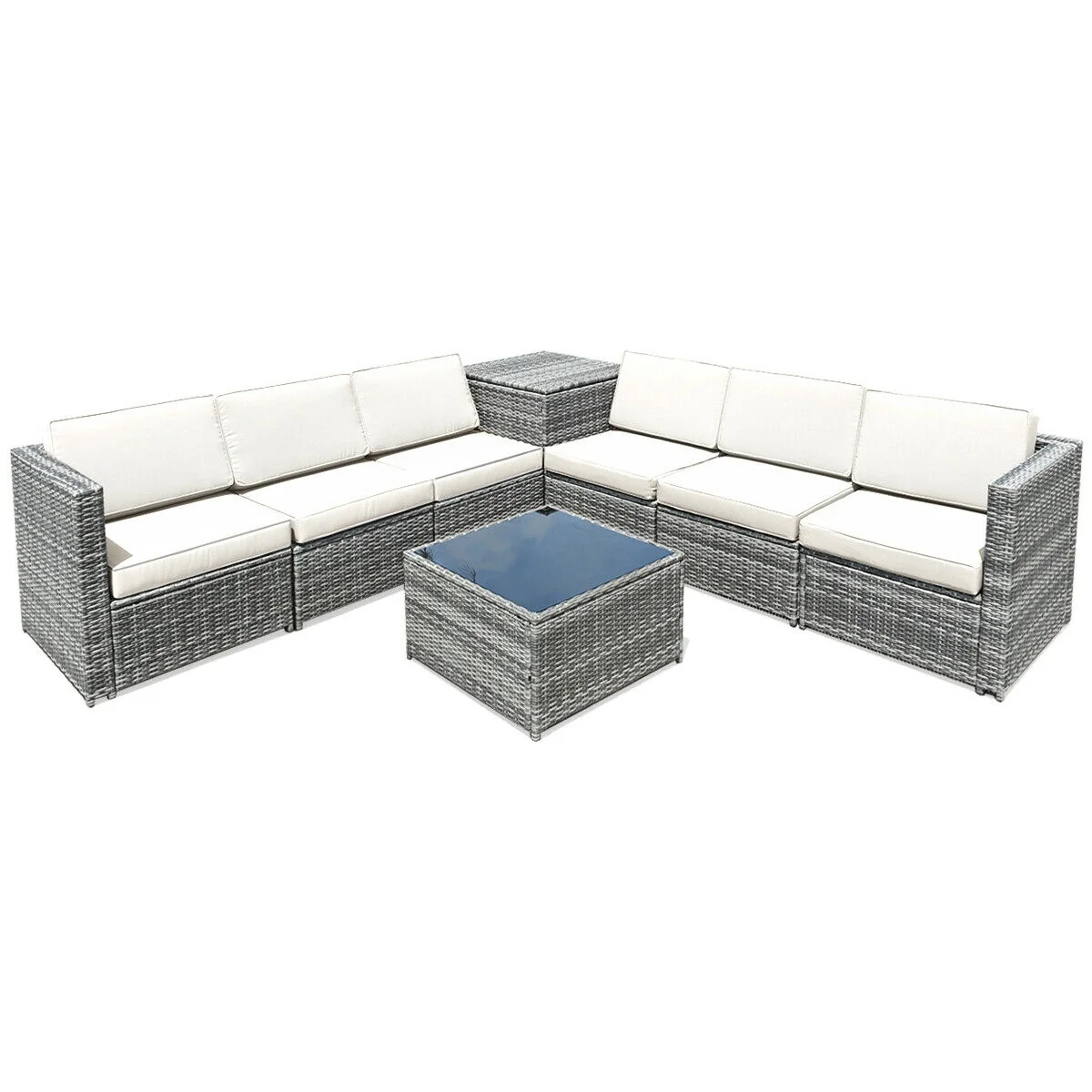8 Piece Wicker Rattan Sofa Dining Set, With Storage Table, White