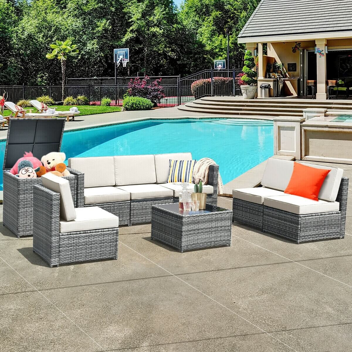 8 Piece Wicker Rattan Sofa Dining Set, With Storage Table, White - Image 2
