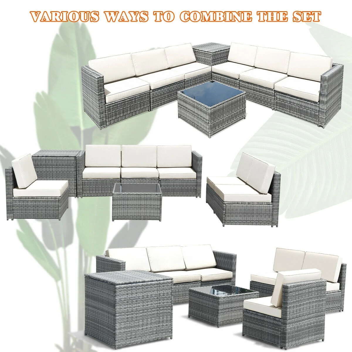 8 Piece Wicker Rattan Sofa Dining Set, With Storage Table, White - Image 3