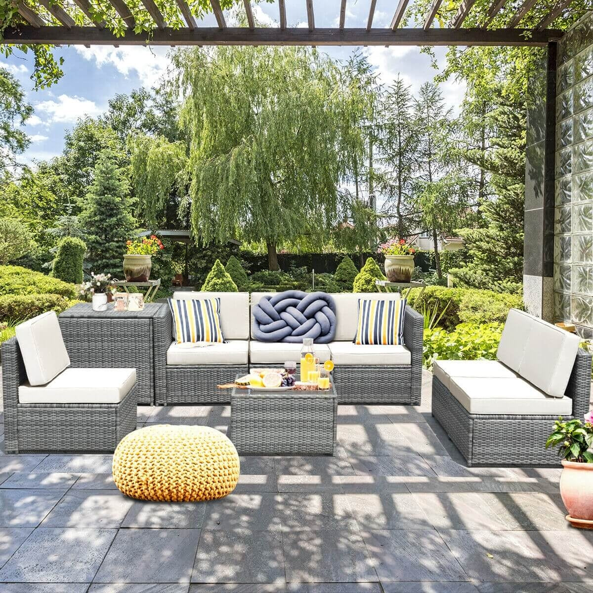 8 Piece Wicker Rattan Sofa Dining Set, With Storage Table, White - Image 7