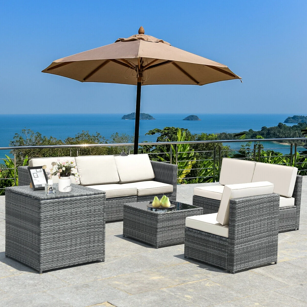 8 Piece Wicker Rattan Sofa Dining Set, With Storage Table, White - Image 8
