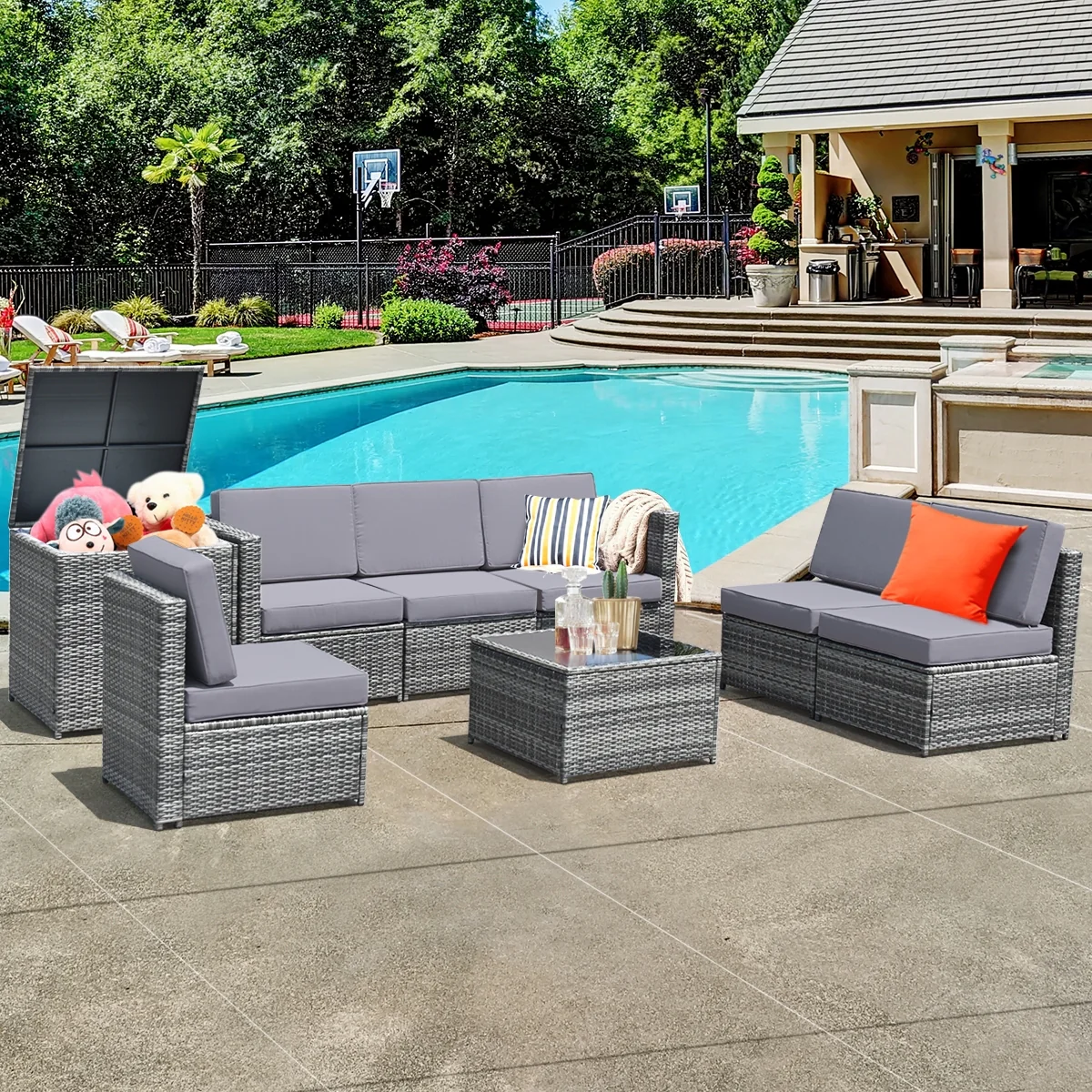 8 Pieces Wicker Rattan Dining Set, With Storage Table, Gray - Image 2