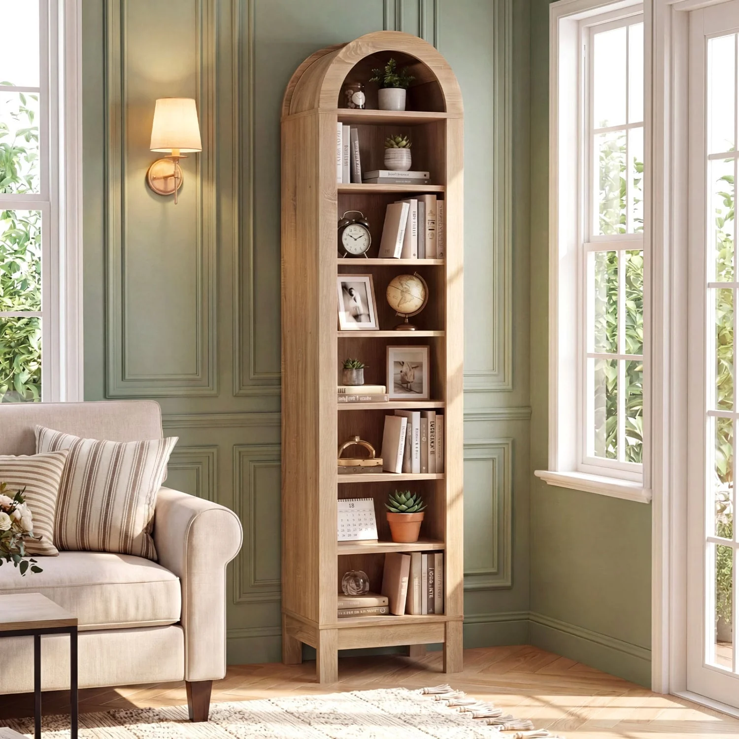 8-Tier Arch Bookshelf, 3 Adjustable Shelves, Natural - Image 2