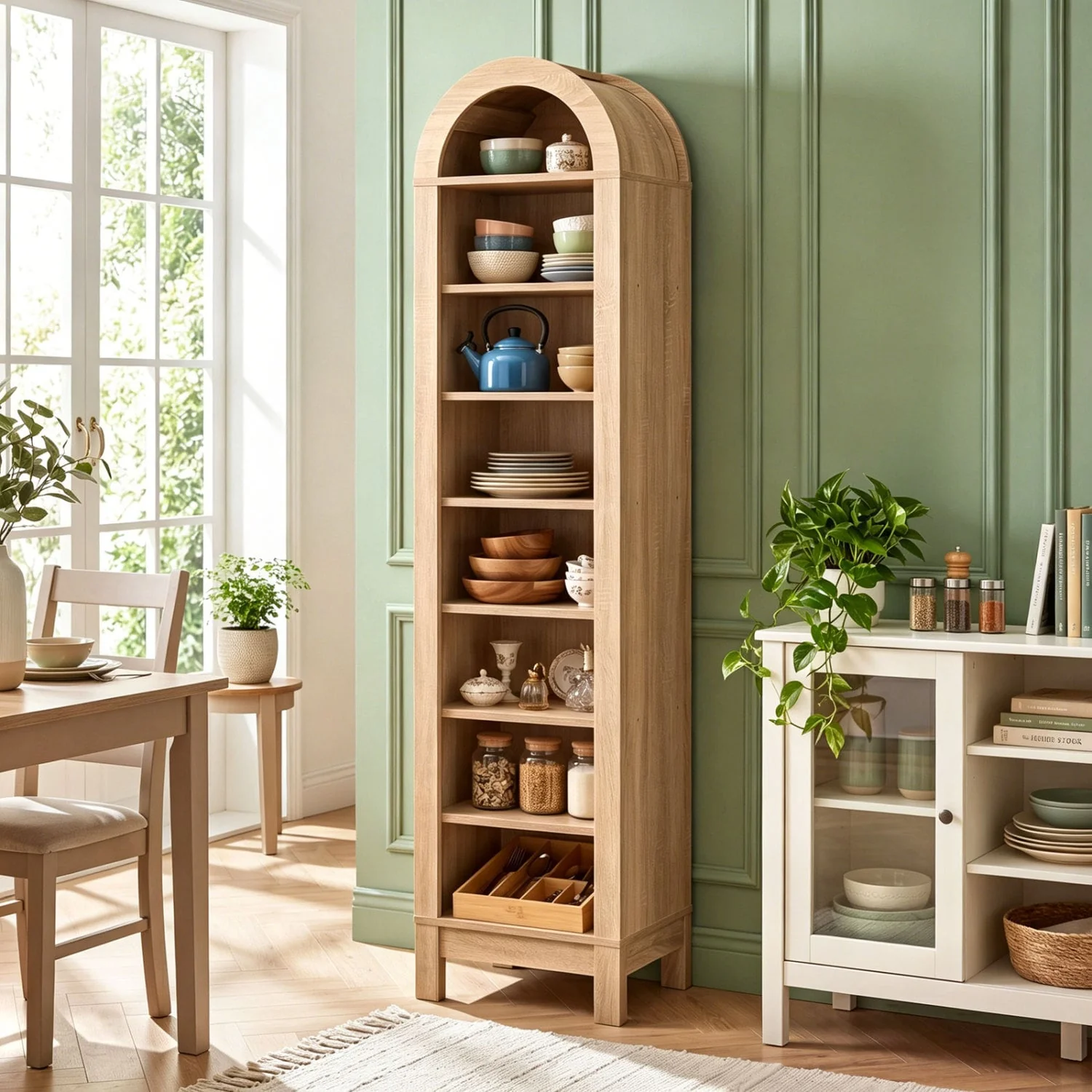 8-Tier Arch Bookshelf, 3 Adjustable Shelves, Natural - Image 3