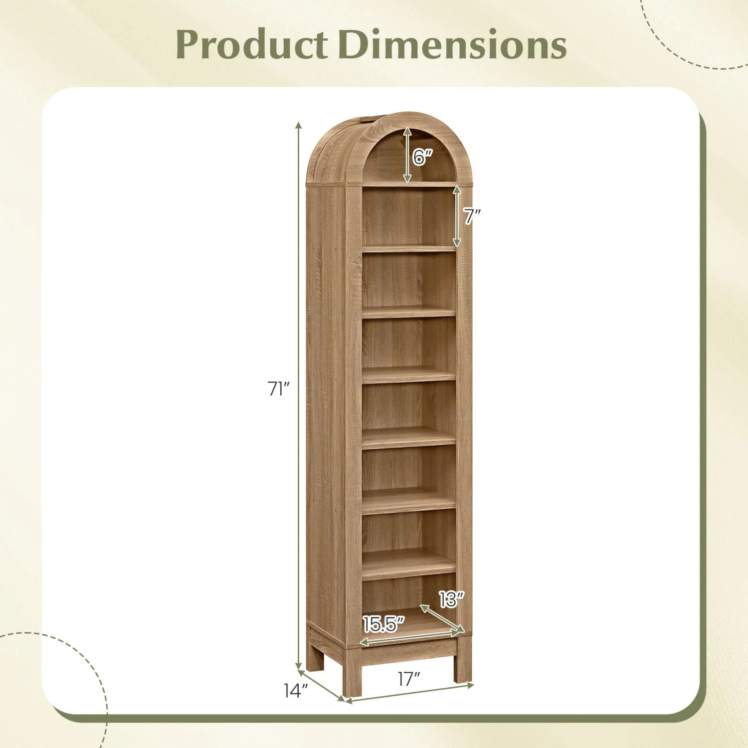 8-Tier Arch Bookshelf, 3 Adjustable Shelves, Natural - Image 5