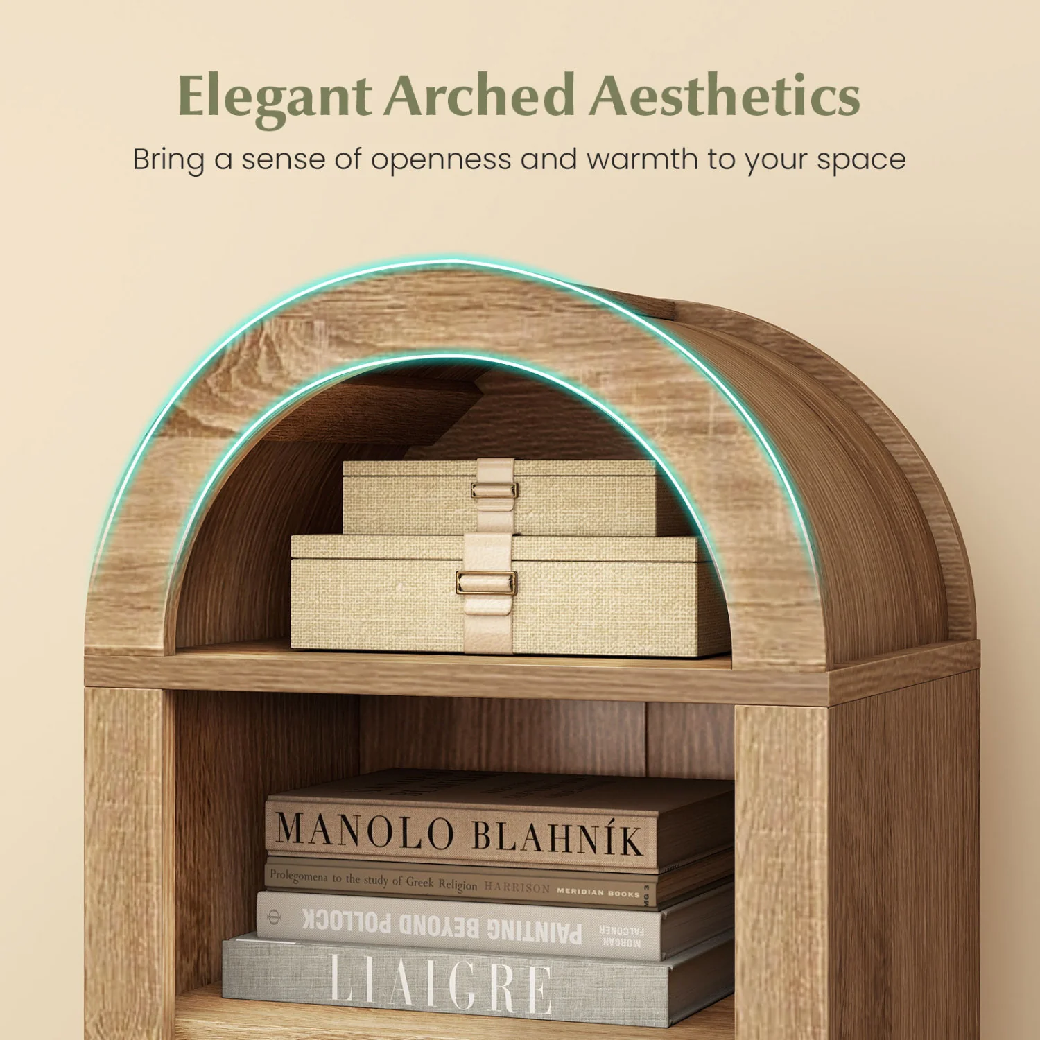 8-Tier Arch Bookshelf, 3 Adjustable Shelves, Natural - Image 7
