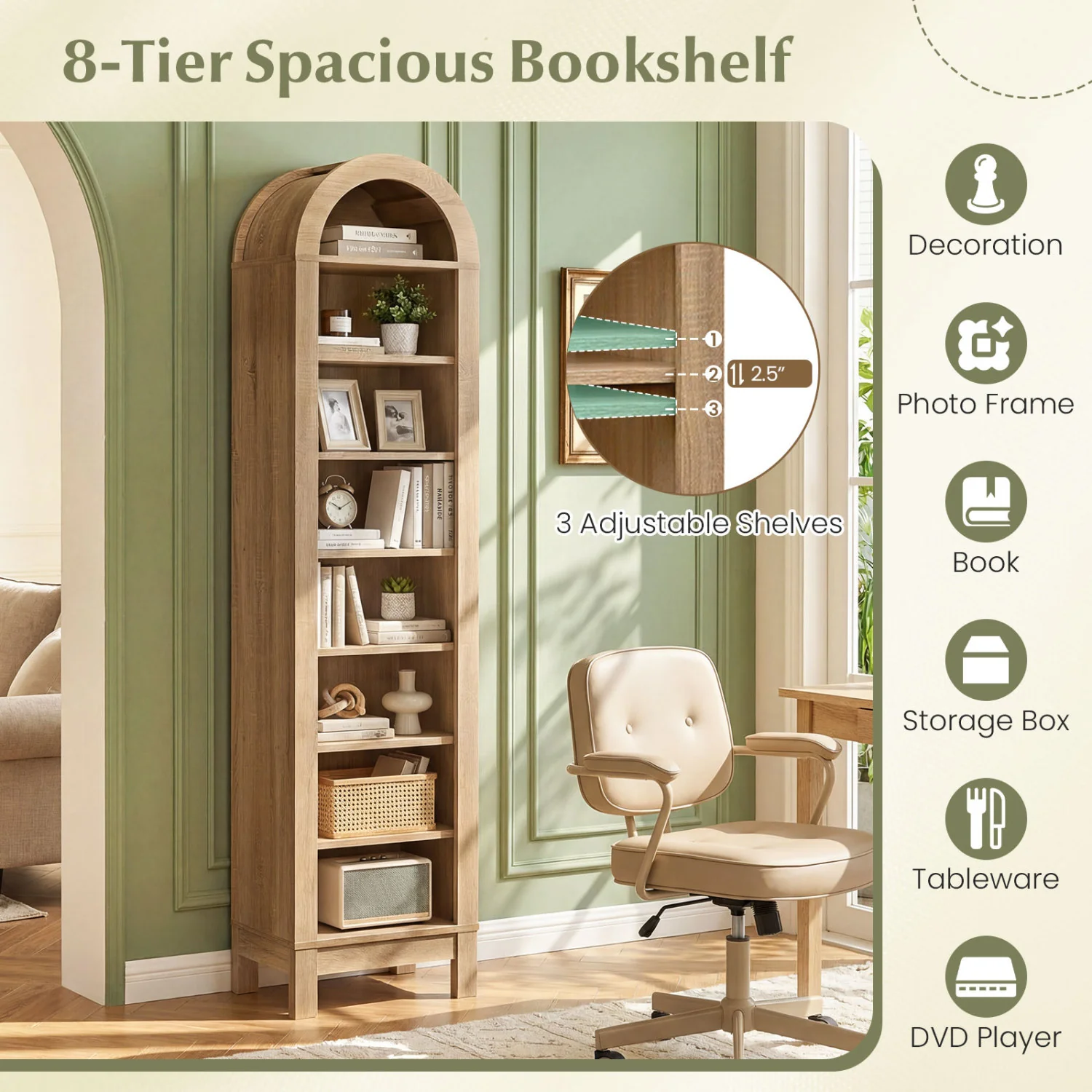 8-Tier Arch Bookshelf, 3 Adjustable Shelves, Natural - Image 8