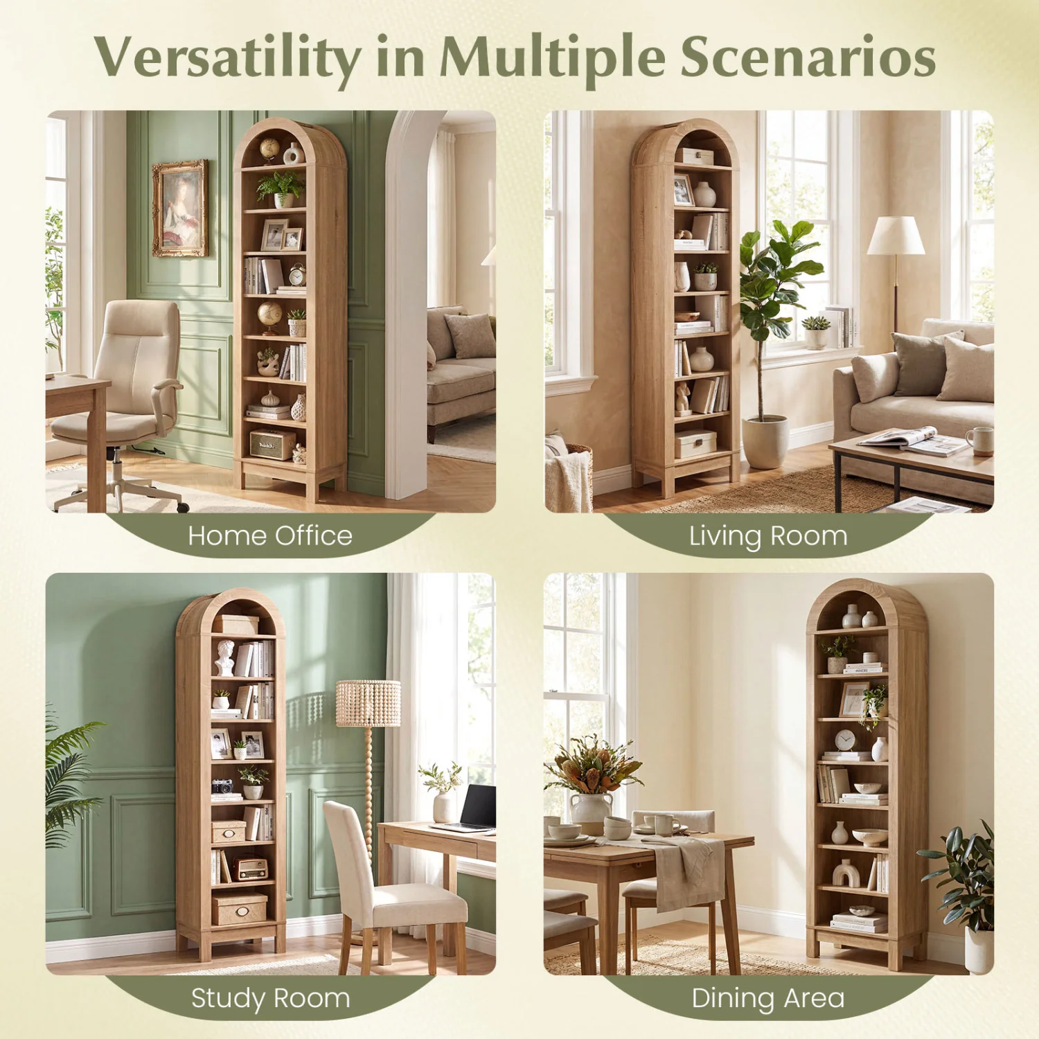 8-Tier Arch Bookshelf, 3 Adjustable Shelves, Natural - Image 9