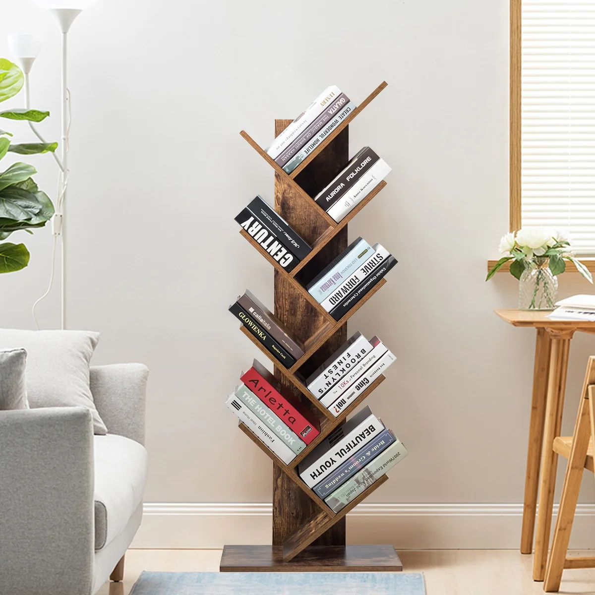 8-Tier Free Standing Tree Bookshelf, Coffee - Image 2