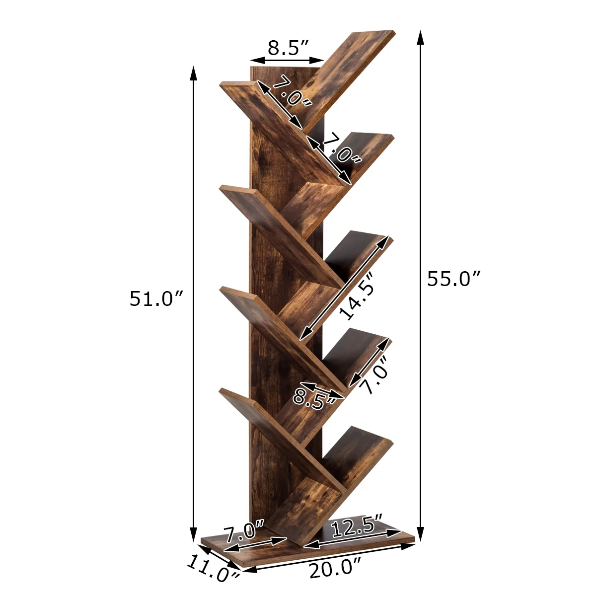 8-Tier Free Standing Tree Bookshelf, Coffee - Image 8