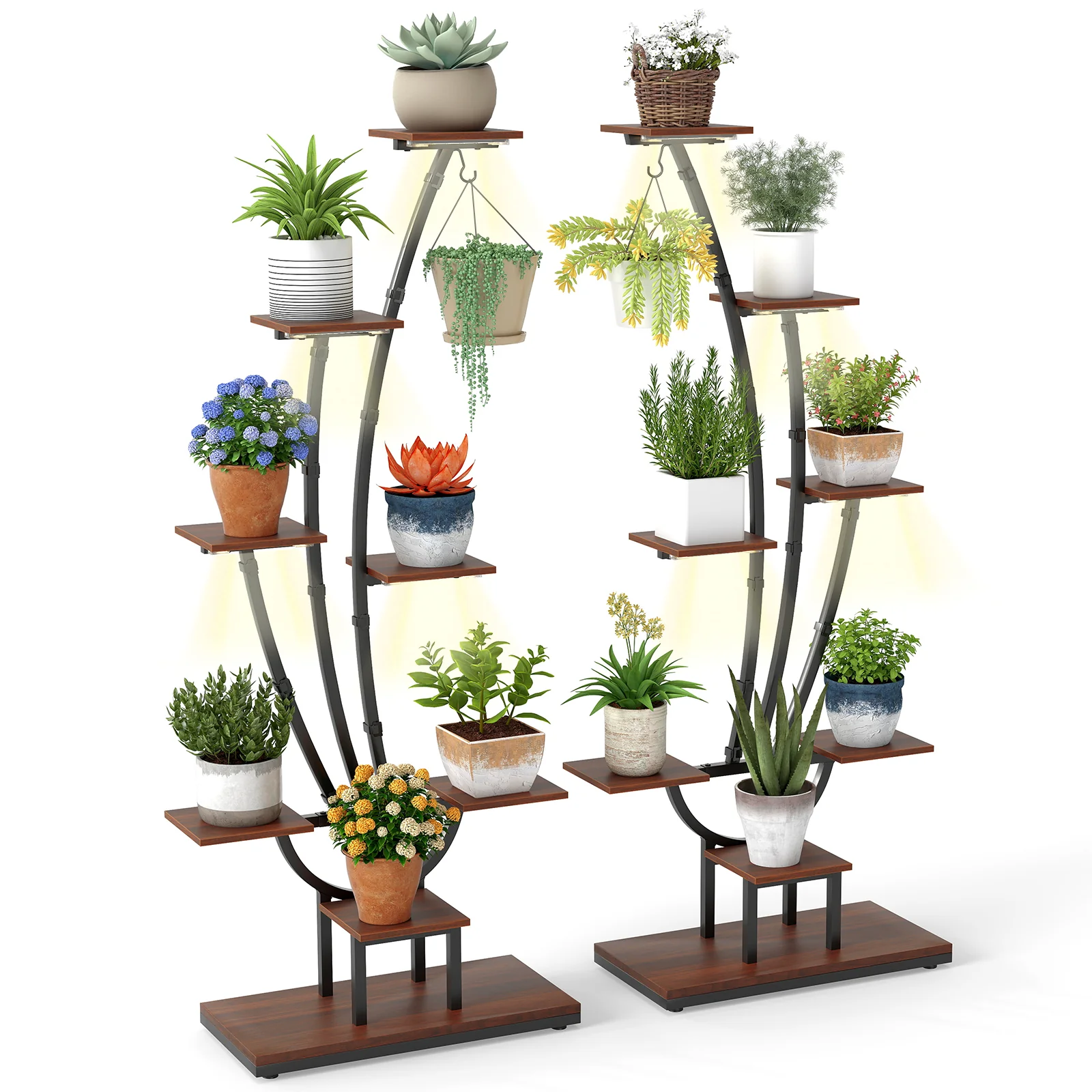 8-Tier Metal Plant Stand With Grow Lights, Set Of 2, Brown - Image 4