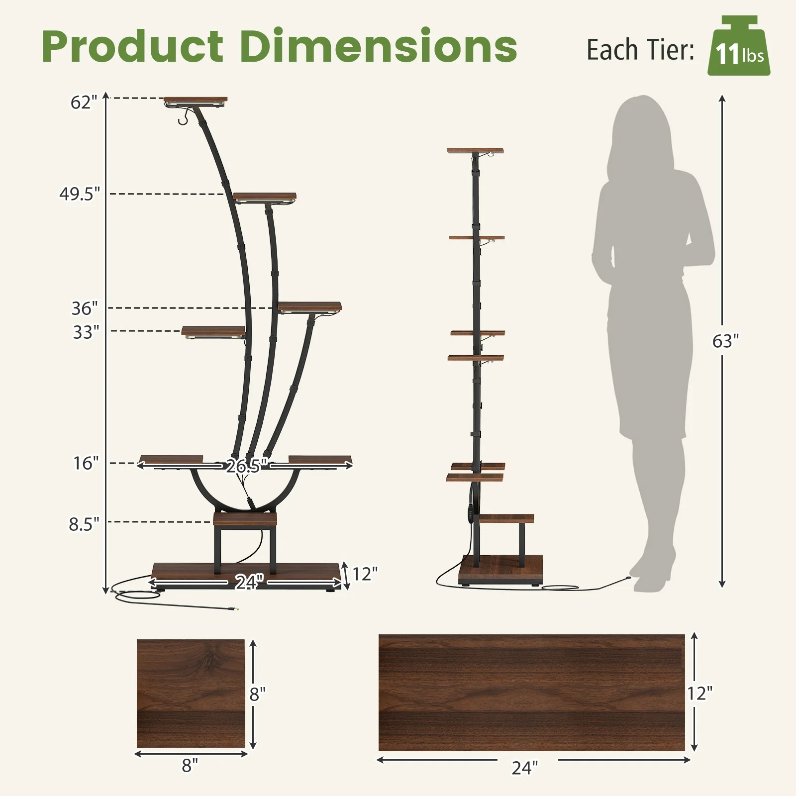 8-Tier Metal Plant Stand With Grow Lights, Set Of 2, Brown - Image 5