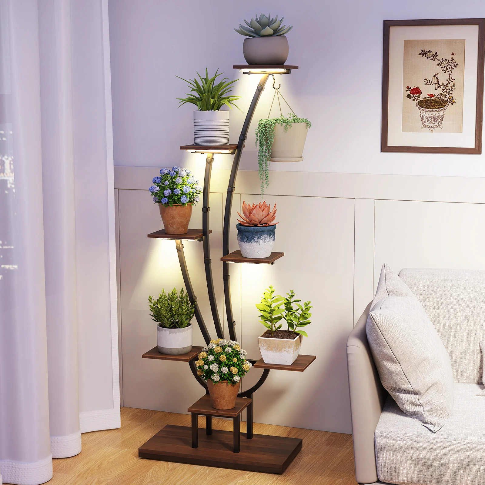 8-Tier Metal Plant Stand With Grow Lights, Set Of 2, Brown - Image 6