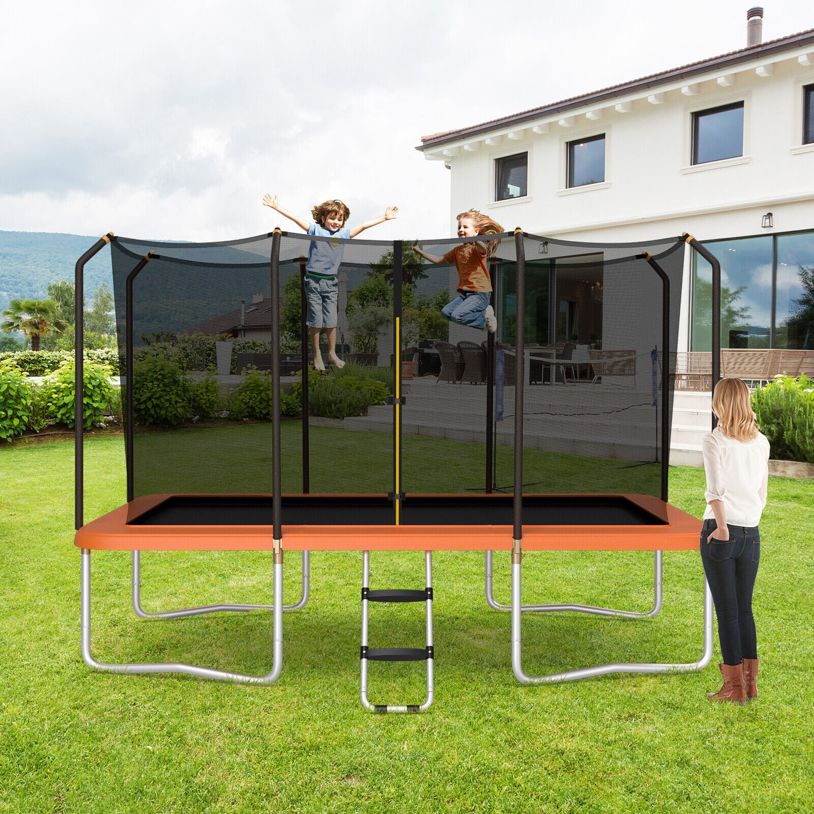 8 x 14 Feet Recreational Trampoline, Safety Enclosure Net, Ladder, Orange - Image 2