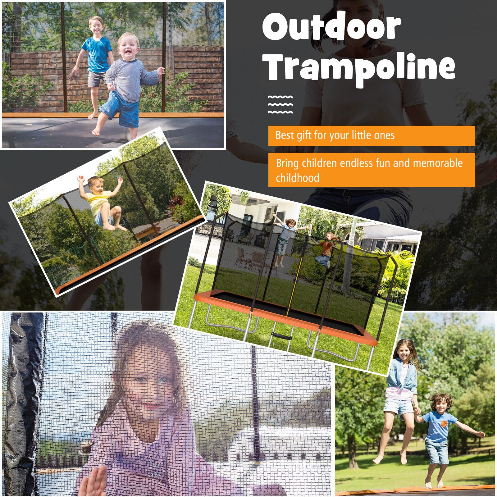 8 x 14 Feet Recreational Trampoline, Safety Enclosure Net, Ladder, Orange - Image 3