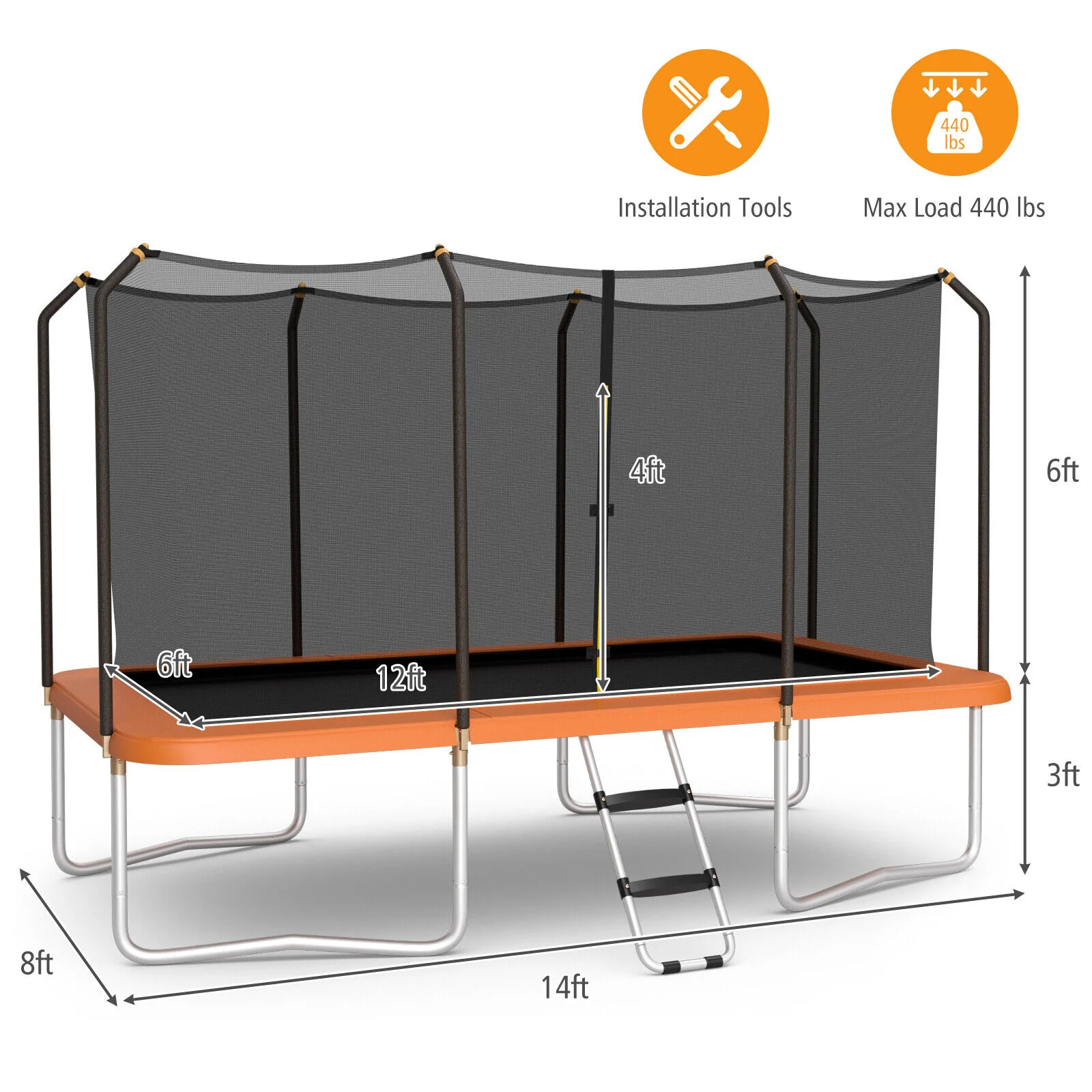 8 x 14 Feet Recreational Trampoline, Safety Enclosure Net, Ladder, Orange - Image 5