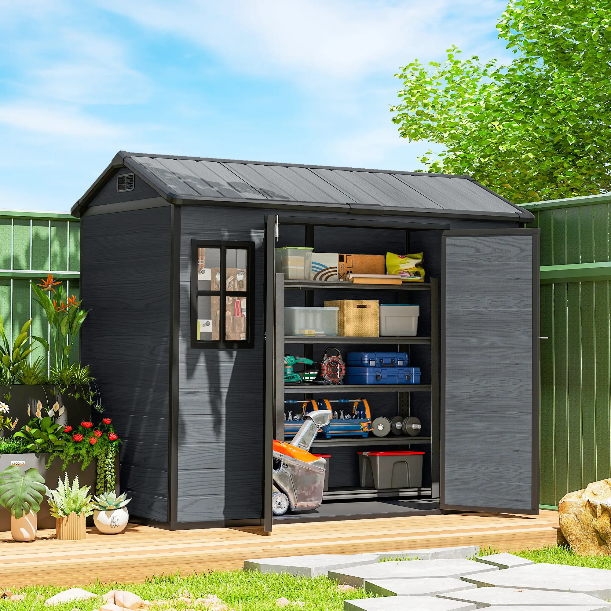 8 x 4 ft Dark Grey Resin Garden Shed, Wood-Effect Outdoor Storage, Dark Grey - Image 2